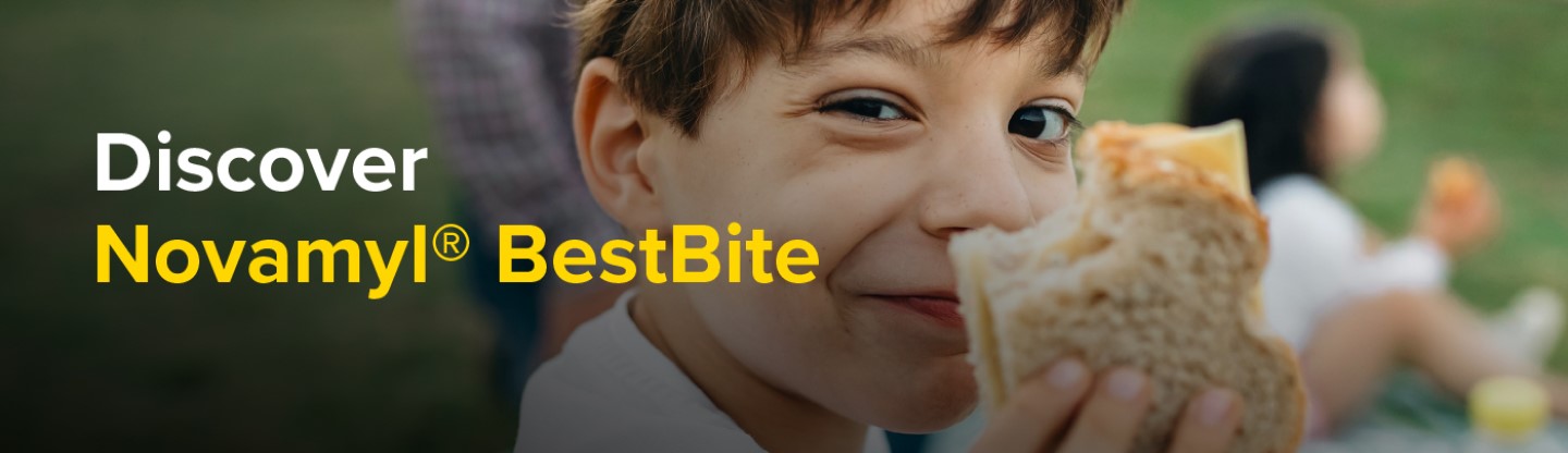 The words "Discover Novamyl BestBite" are next to a young boy eating a sandwich with a bite out of it. 